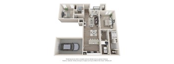 A 3D floor plan of a house with a car parked in the garage.