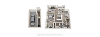 A 3D floor plan of a house with a car in the garage.