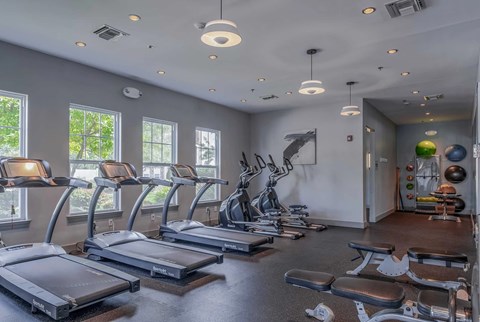 A gym with treadmills, exercise equipment, and windows.