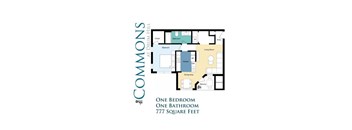 A floor plan of a one bedroom apartment at Commons at Drum Hill.