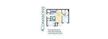 A floor plan of a two bedroom, two bathroom apartment at Commons at Drum Hill.