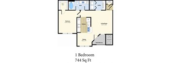 A floor plan of a 1 bedroom apartment that is 744 square feet.