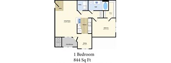 A floor plan of a one bedroom apartment that is 844 square feet.