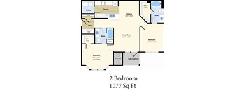 A 2 Bedroom apartment is 1077 square feet.