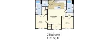 A floor plan of a 2 bedroom apartment that is 1161 square feet.