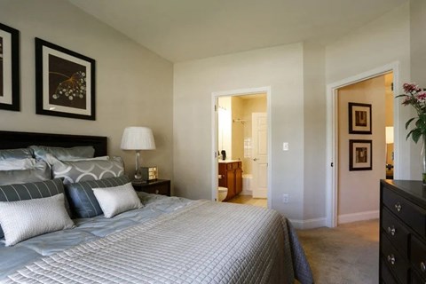 A bedroom with a large bed and a dresser.