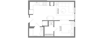 A floor plan of a house with a living room, dining room, kitchen, and two bedrooms.
