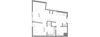 A floor plan of a house with a bedroom, living room, and kitchen.