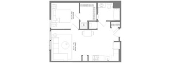A floor plan of a house with a living room, two bedrooms, and a WC.