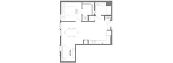 A floor plan of a house with a garage on the left and a living room with a kitchen in the top right.