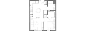 A floor plan of a living space with a living room and bedroom.