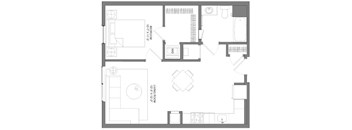 A floor plan of a house with a living room, a bedroom, and a WC.