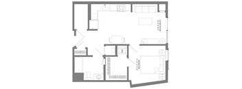 A floor plan of a house with a bedroom, bathroom, and living room.