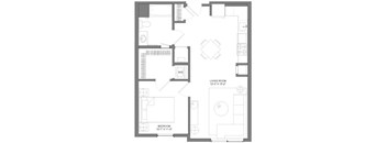 A floor plan of a house with a living room, bedroom, and a workspace.