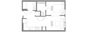 A floor plan of a house with a living room, dining room, kitchen, and two bedrooms.