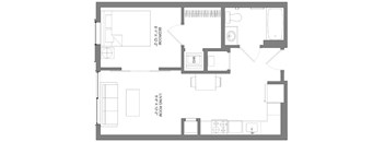 A floor plan of a living room, bedroom, and bathroom.