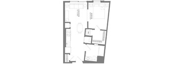 A floor plan of a house with a bedroom, a living room, a kitchen, and a bathroom.