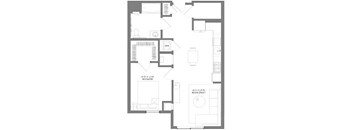 A floor plan of a house with a kitchen, living room, and bathrooms.
