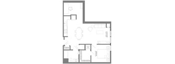 A floor plan of a house with a kitchen, living room, and two bedrooms.