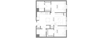 A floor plan of a house with a living room, two bedrooms, a bathroom, and a kitchen.