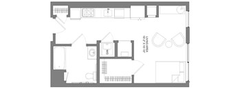 A floor plan of a kitchen with a dining area and a living room.