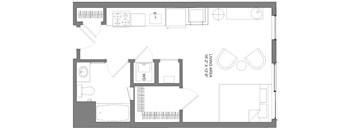 A floor plan of a kitchen with a dining area and a living room.