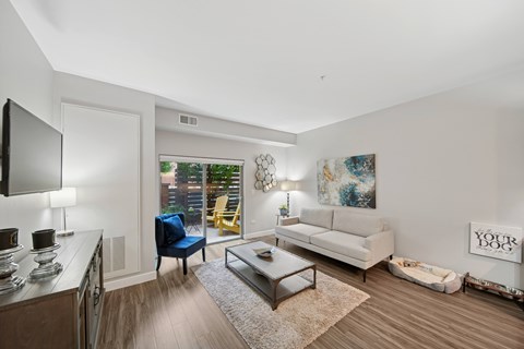 A living room with a blue chair and a white couch.