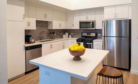 a kitchen with stainless steel appliances and a bowl of fruit