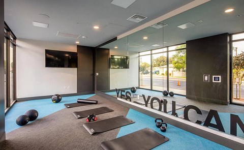 a gym with yoga mats and a television