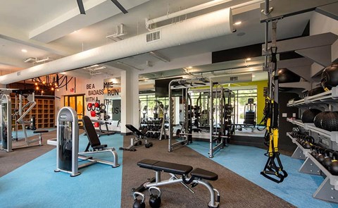 a gym with a lot of weights and exercise equipment on a blue floor