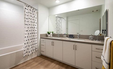a bathroom with two sinks and a large mirror