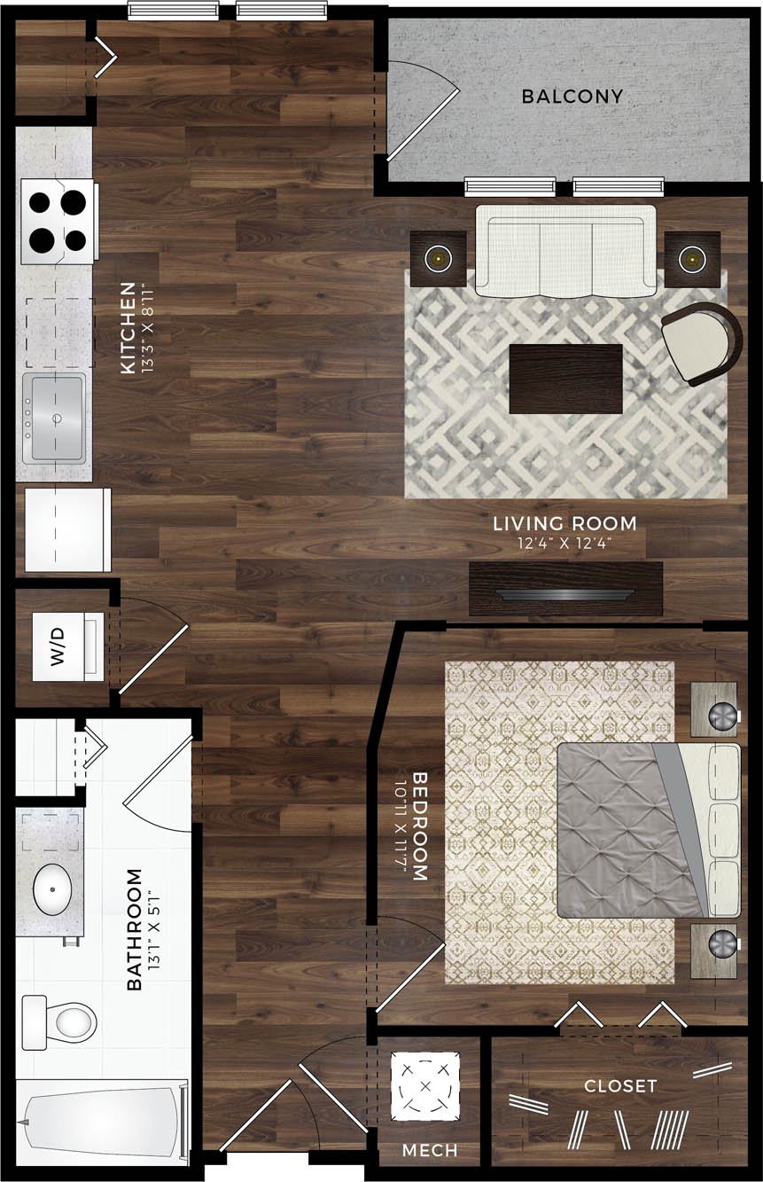 A floor plan of a small apartment with a living room, kitchen, and bathroom.