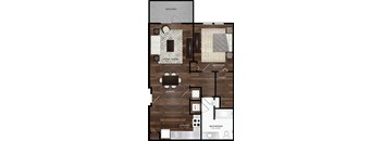 A floor plan of a balcony apartment with a living room, dining area, kitchen, bathroom, and two bedrooms.