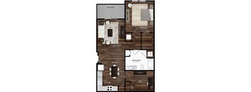 A floor plan of a home with a living room, dining room, kitchen, bathroom, bedroom, and balcony.