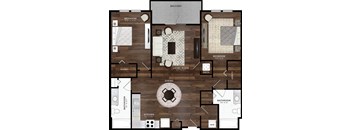 A floor plan of an apartment with a living room, kitchen, and three bedrooms.