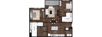 A floor plan of a house with labeled rooms such as bedroom, bathroom, and kitchen.