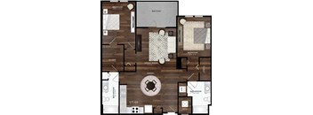 A floor plan of a house with a balcony, living room, dining room, kitchen, and bathrooms.
