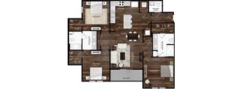 A floor plan of a house with a kitchen, dining room, and multiple bedrooms.