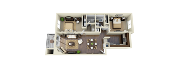 A 3D floor plan of a house with a living room, kitchen, and bedrooms.