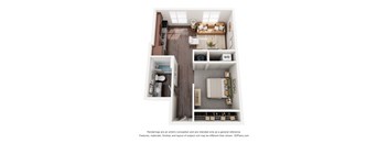 A 3D floor plan of a small apartment with a kitchen, living room, and bathroom.