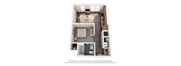A 3D floor plan of a small apartment with a kitchen, living room, and bathroom.