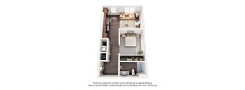 a stylized floor plan with a bedroom and a living room