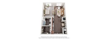 A 3D floor plan of a small apartment with a kitchen, living room, and bedroom.