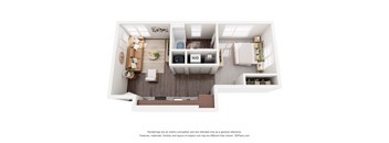 A 3D floor plan of a small apartment with a kitchen, living room, and bedroom.