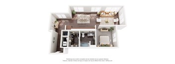 A 3D floor plan of a house with a kitchen, living room, and bathroom.