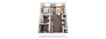 A 3D floor plan of a small apartment with a living room, kitchen, and bedroom.