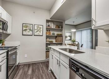 A modern kitchen with white cabinets and a black dishwasher at Canyon Ridge, Austin