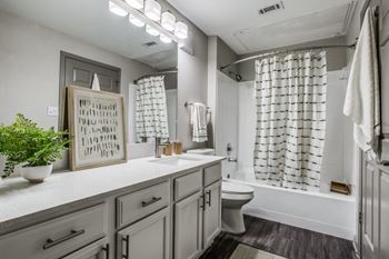 A bathroom with a toilet, sink, and a mirror at Canyon Ridge, Austin, TX, 78753