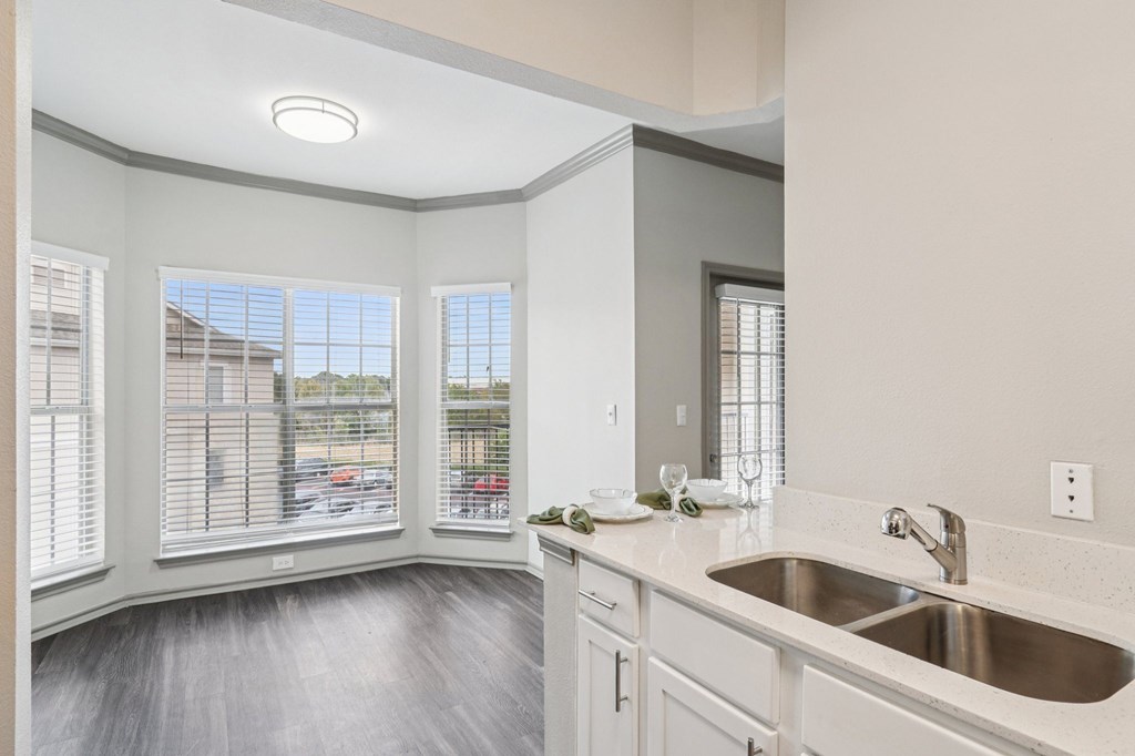 A kitchen with a sink and a window.