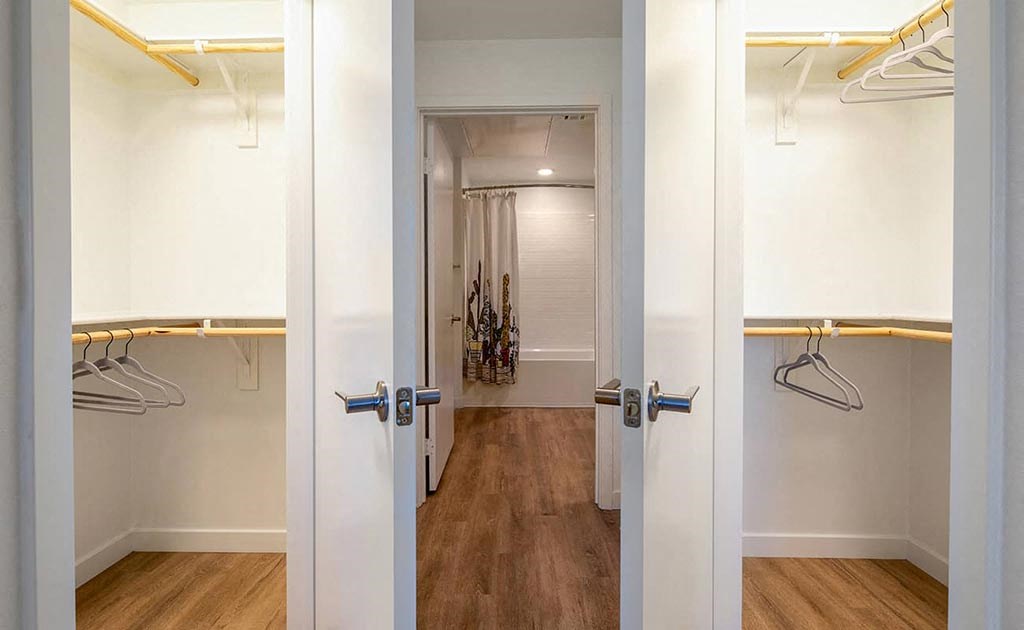 a room with a closet and a hallway with a door